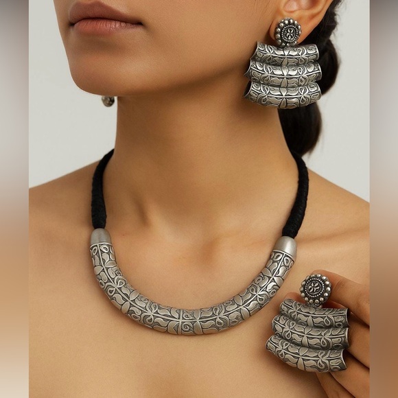 Ethnic Indian Wear Jewelry - German Hasuli silver Indian Tribal Necklace and earrings